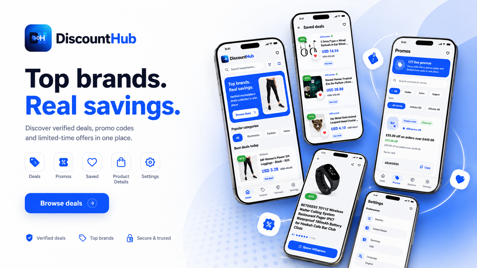 DiscountHub promo artwork with app screens and primary call to action